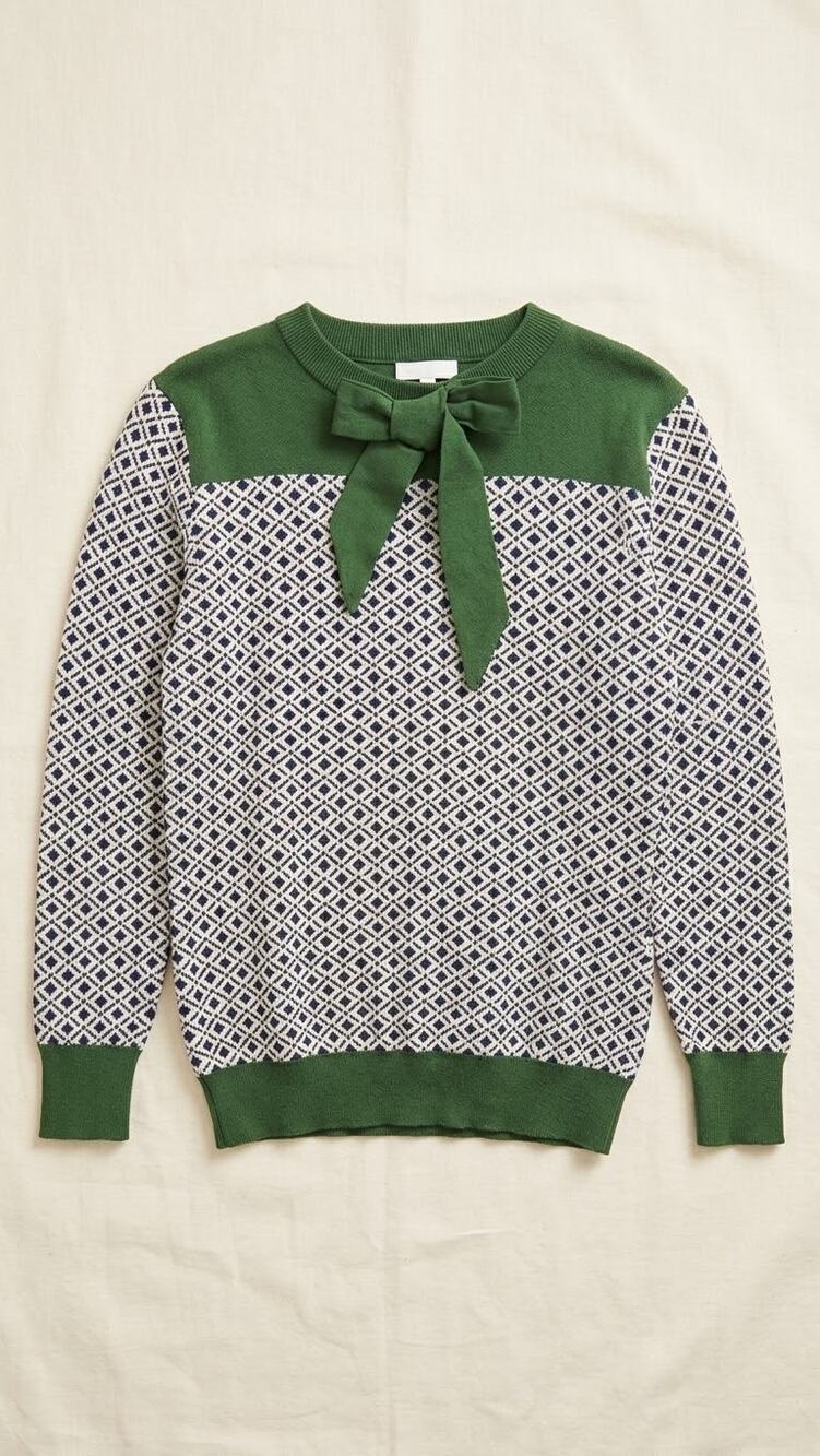 OXKNIT Retro Knit Sweater Size S Green Bow Geometric NWT
